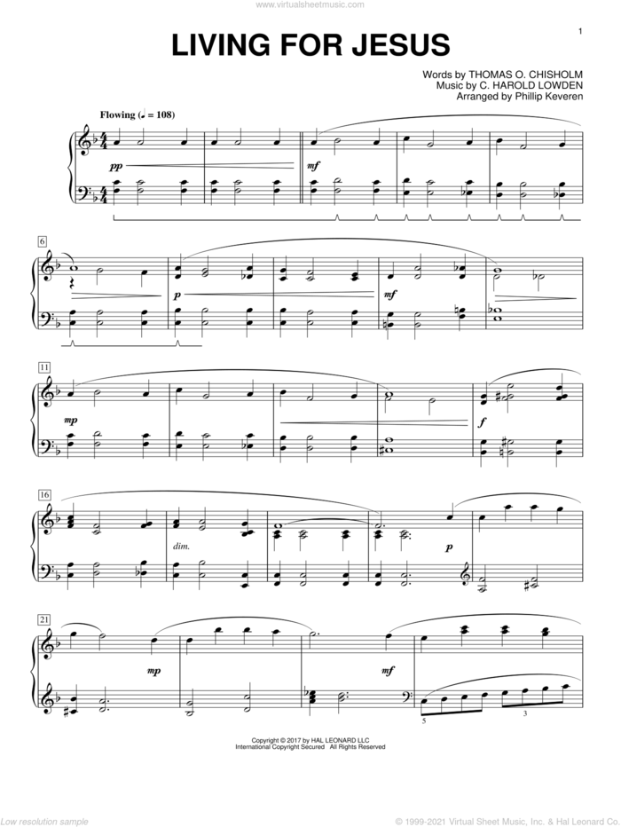 Living For Jesus (arr. Phillip Keveren) sheet music for piano solo by Thomas O. Chisholm, Phillip Keveren and C. Harold Lowden, intermediate skill level