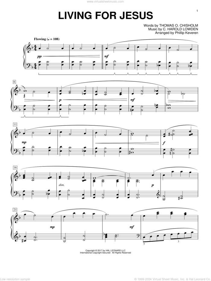 Living For Jesus (arr. Phillip Keveren) sheet music for piano solo by Thomas O. Chisholm, Phillip Keveren and C. Harold Lowden, intermediate skill level