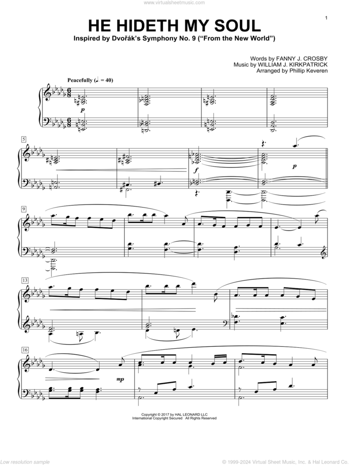 He Hideth My Soul (arr. Phillip Keveren) sheet music for piano solo by William J. Kirkpatrick, Phillip Keveren and Fanny J. Crosby, intermediate skill level