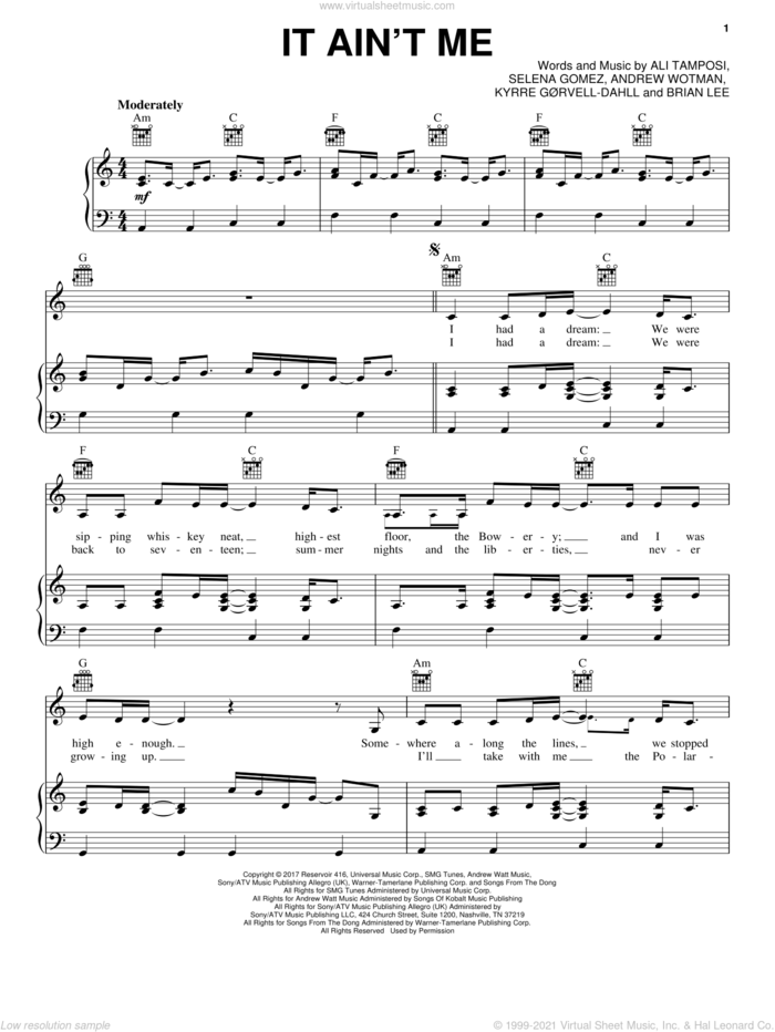 It Ain't Me sheet music for voice, piano or guitar by Kygo and Selena Gomez, Ali Tamposi, Andrew Wotman, Brian Lee, Kyrre Gorvell-Dahll and Selena Gomez, intermediate skill level