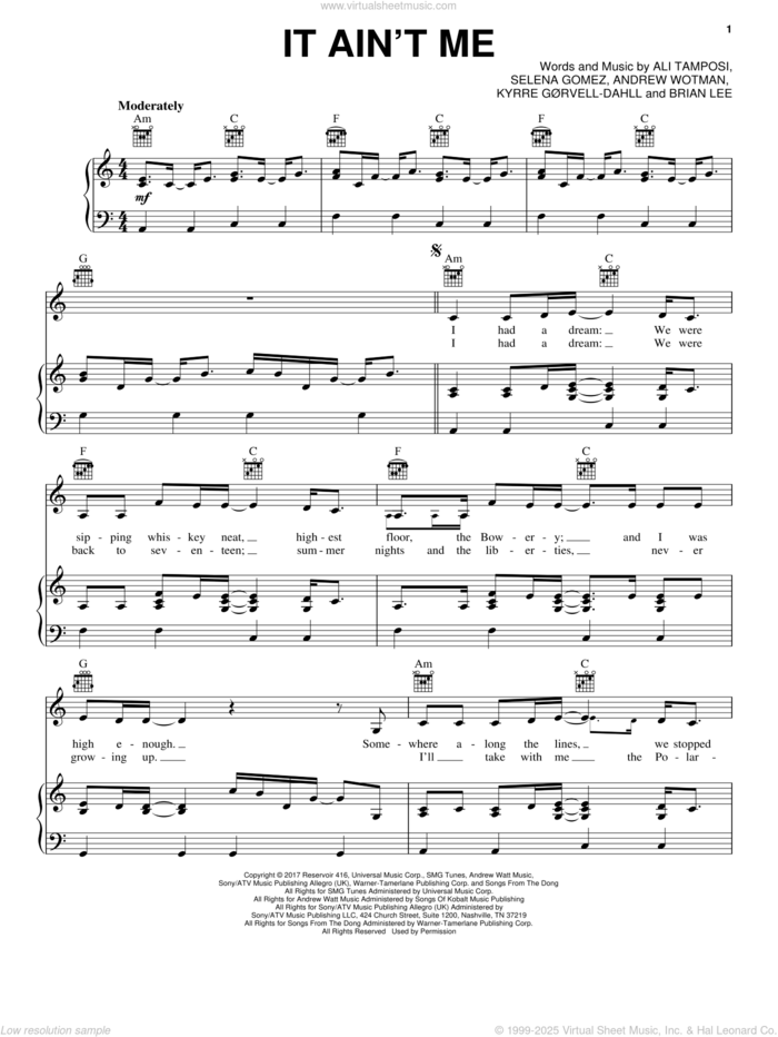 It Ain't Me sheet music for voice, piano or guitar by Kygo and Selena Gomez, Ali Tamposi, Andrew Wotman, Brian Lee, Kyrre Gorvell-Dahll and Selena Gomez, intermediate skill level