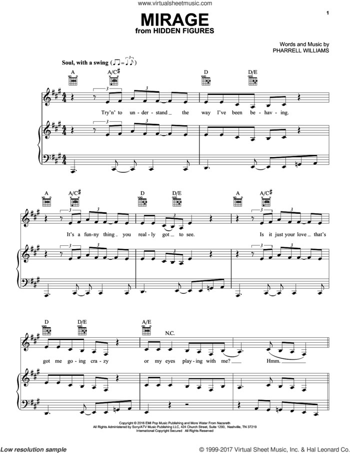 Mirage sheet music for voice, piano or guitar by Mary J. Blige and Pharrell Williams, intermediate skill level