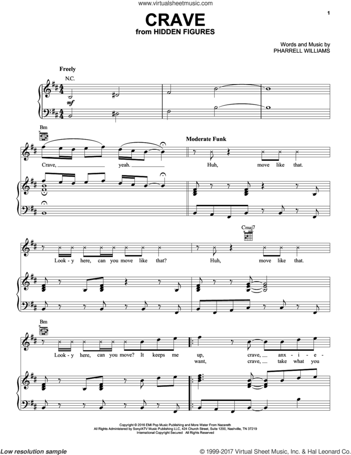 Crave sheet music for voice, piano or guitar by Pharrell Williams, intermediate skill level