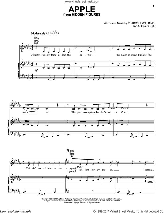 Apple sheet music for voice, piano or guitar by Alicia Keys and Pharrell Williams, Alicia Cook and Pharrell Williams, intermediate skill level