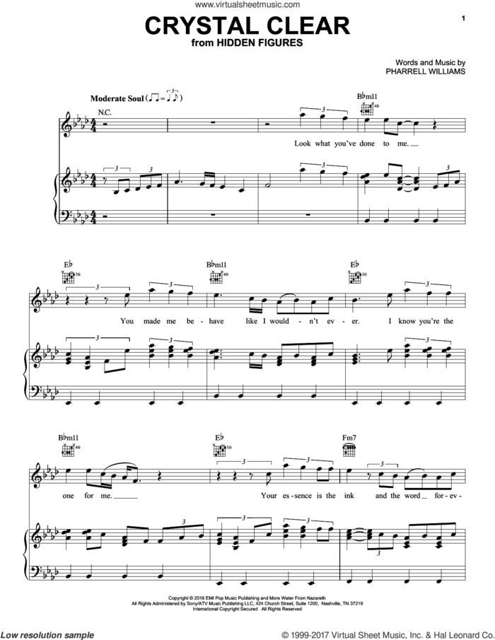 Crystal Clear sheet music for voice, piano or guitar by Pharrell Williams, intermediate skill level