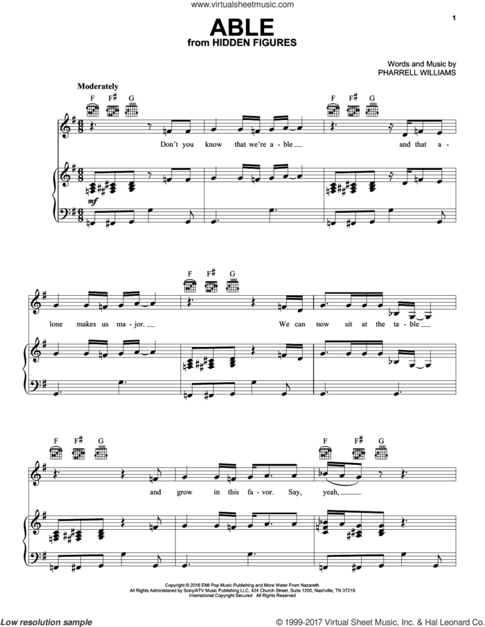 Able sheet music for voice, piano or guitar by Pharrell Williams, intermediate skill level
