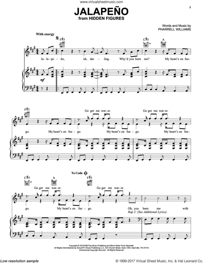 Jalapeno sheet music for voice, piano or guitar by Janelle Monae and Pharrell Williams and Pharrell Williams, intermediate skill level