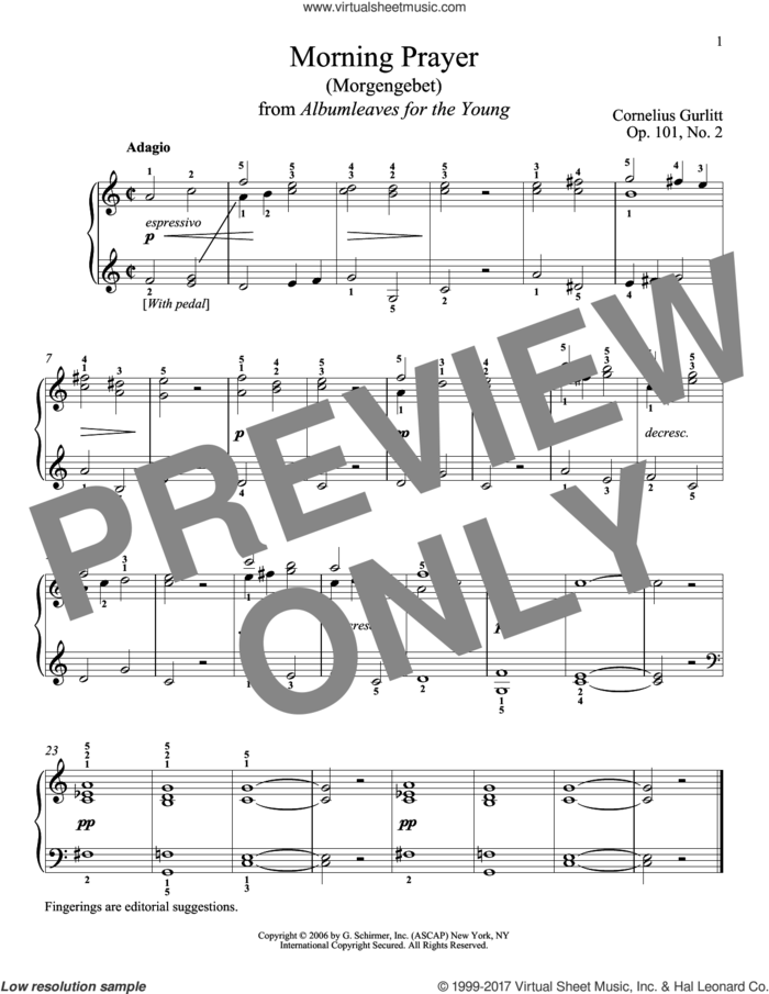 Morning Prayer (Morgengebet), Op. 101, No. 2 sheet music for piano solo by Cornelius Gurlitt and Richard Walters, classical score, intermediate skill level