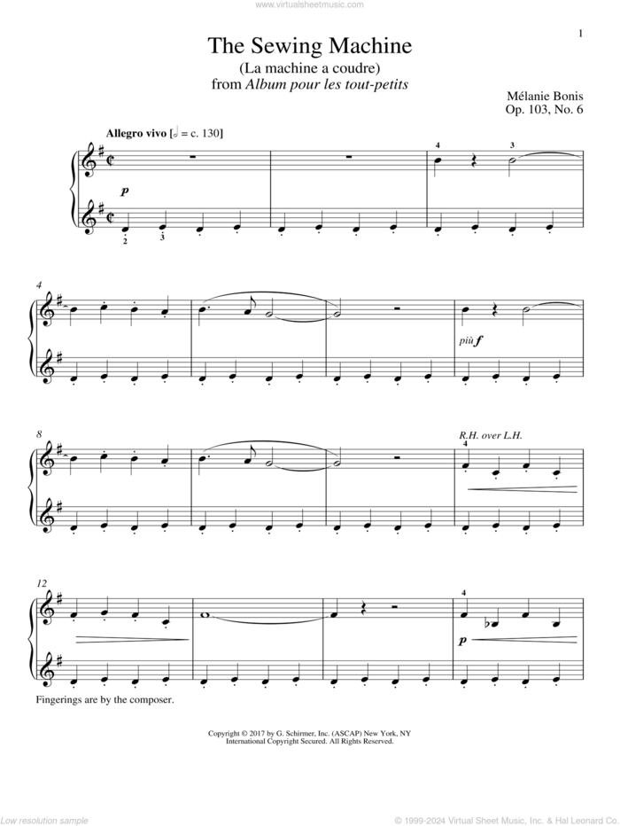 The Sewing Machine (La machine a courde) sheet music for piano solo by Melanie Bonis and Richard Walters, classical score, intermediate skill level