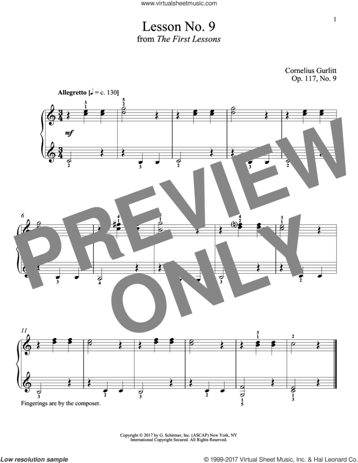 Allegretto, Op. 117, No. 9 sheet music for piano solo by Cornelius Gurlitt and Richard Walters, classical score, intermediate skill level