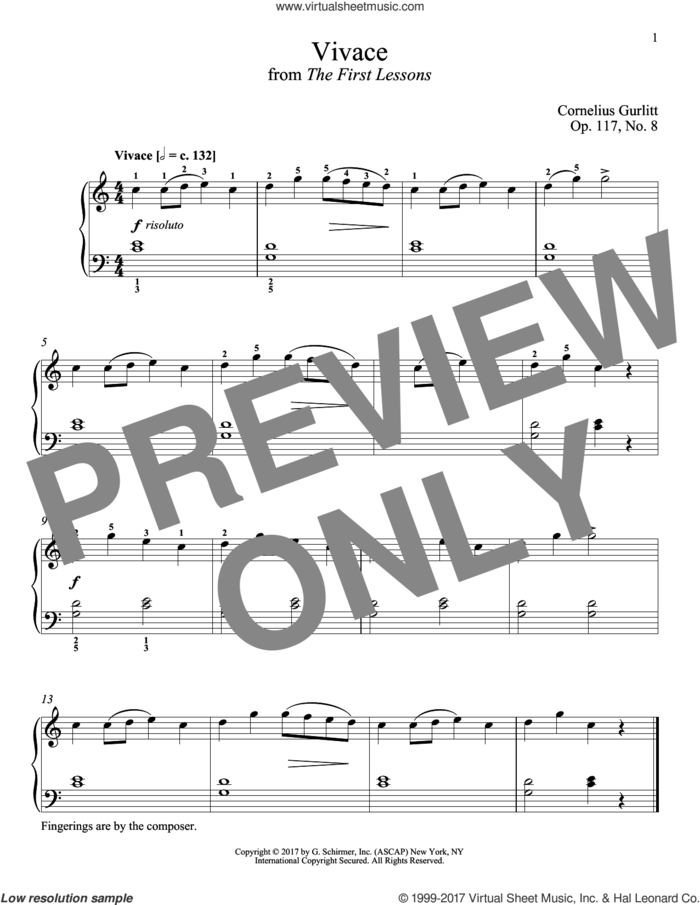 Vivace, Op. 117, No. 8 sheet music for piano solo by Cornelius Gurlitt and Richard Walters, classical score, intermediate skill level
