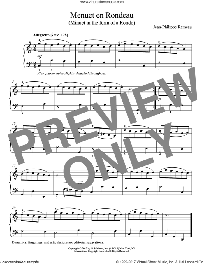 Menuet En Rondeau sheet music for piano solo by Jean-Phillip Rameau and Richard Walters, classical score, intermediate skill level