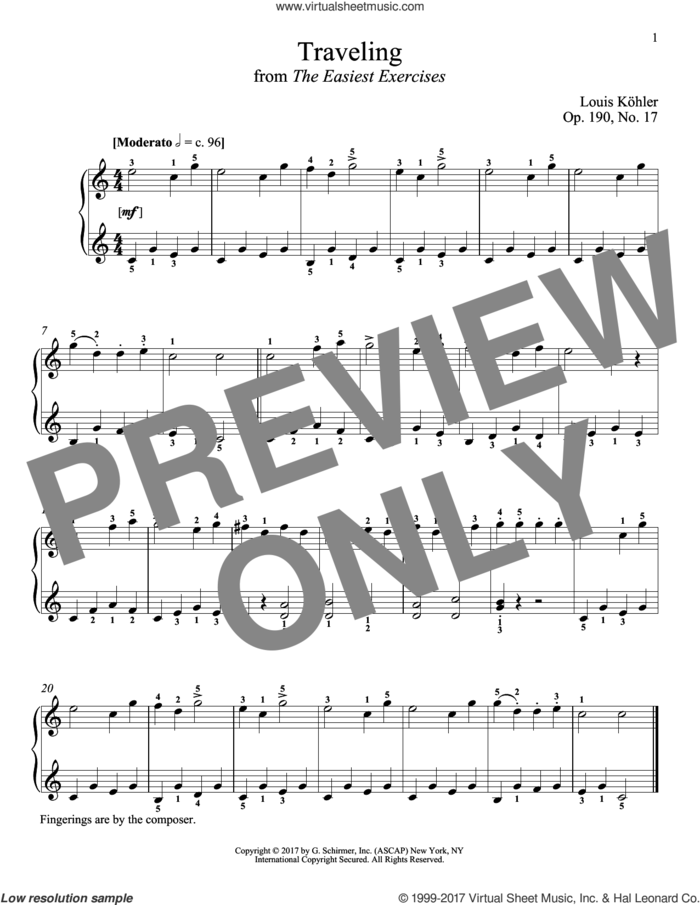 Traveling, Op. 190, No. 17 sheet music for piano solo by Louis Kohler and Richard Walters, classical score, intermediate skill level