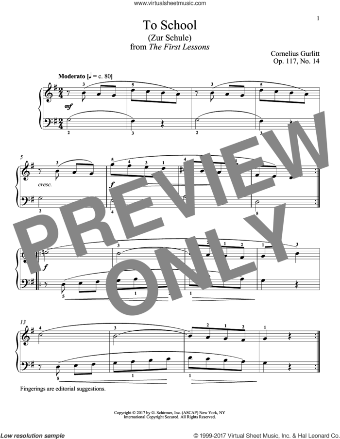 To School (Zur Schule), Op. 117, No. 14 sheet music for piano solo by Cornelius Gurlitt and Richard Walters, classical score, intermediate skill level