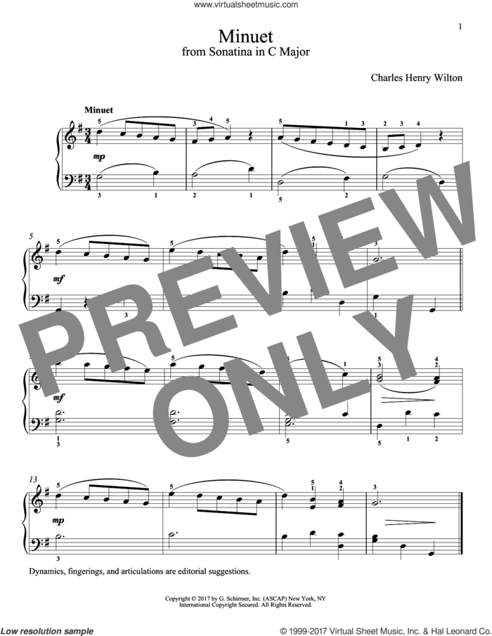 Minuet sheet music for piano solo by Charles Henry Wilton and Richard Walters, classical score, intermediate skill level
