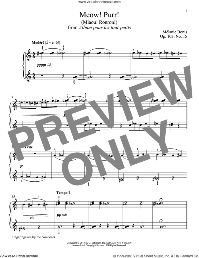 Meow! Purr! (Miaou! Ronron!) sheet music for piano solo by Melanie Bonis and Richard Walters, classical score, intermediate skill level
