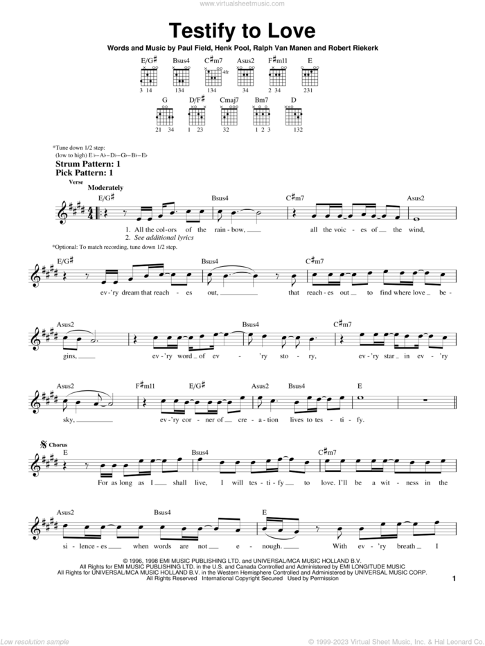 Testify To Love sheet music for guitar solo (chords) by Avalon, Henk Pool, Paul Field, Ralph Van Manen and Robert Riekerk, easy guitar (chords)