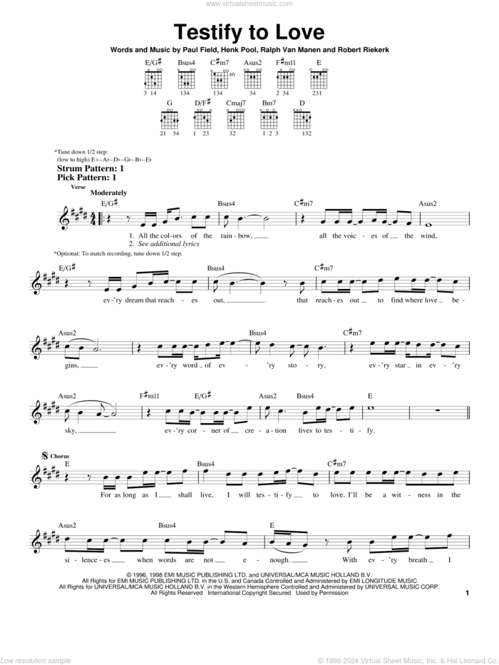 Testify To Love sheet music for guitar solo (chords) by Avalon, Henk Pool, Paul Field, Ralph Van Manen and Robert Riekerk, easy guitar (chords)