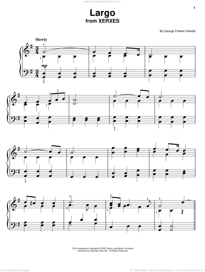 Largo sheet music for piano solo by George Frideric Handel, classical wedding score, easy skill level