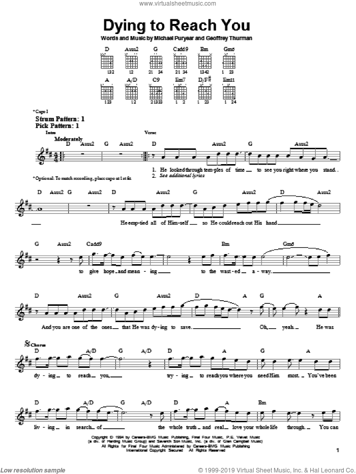 Dying To Reach You sheet music for guitar solo (chords) by Point Of Grace, Geoffrey Thurman and Michael Puryear, easy guitar (chords)