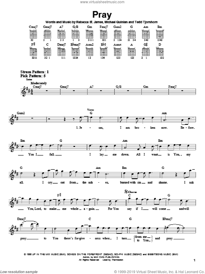 Pray sheet music for guitar solo (chords) by Rebecca St. James, Michael Quinlan and Tedd Tjornhom, easy guitar (chords)
