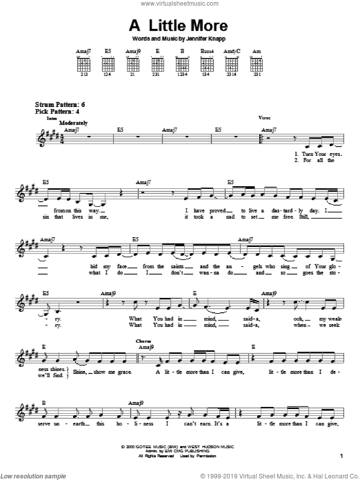 A Little More sheet music for guitar solo (chords) by Jennifer Knapp, easy guitar (chords)