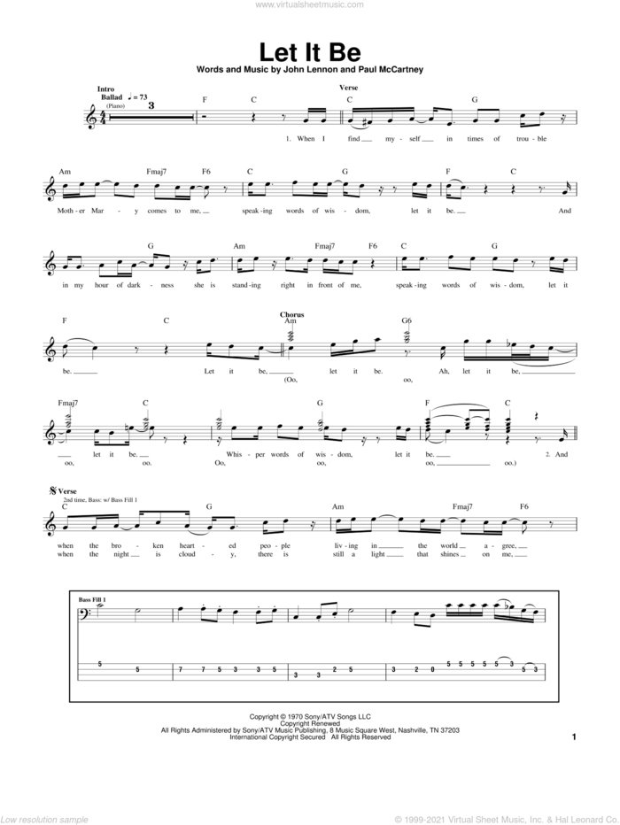 Let It Be sheet music for bass (tablature) (bass guitar) by The Beatles, John Lennon and Paul McCartney, intermediate skill level