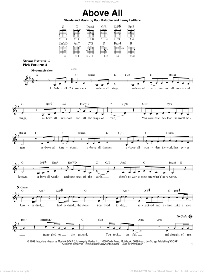 Above All sheet music for guitar solo (chords) by Paul Baloche and Lenny LeBlanc, easy guitar (chords)