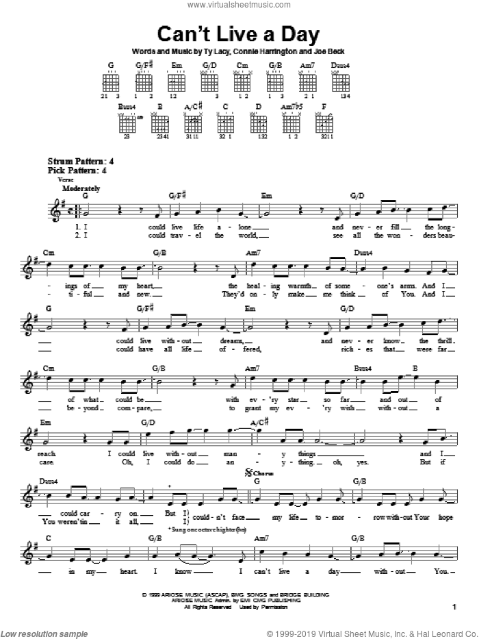 Can't Live A Day sheet music for guitar solo (chords) by Avalon, Connie Harrington, Joe Beck and Ty Lacy, wedding score, easy guitar (chords)