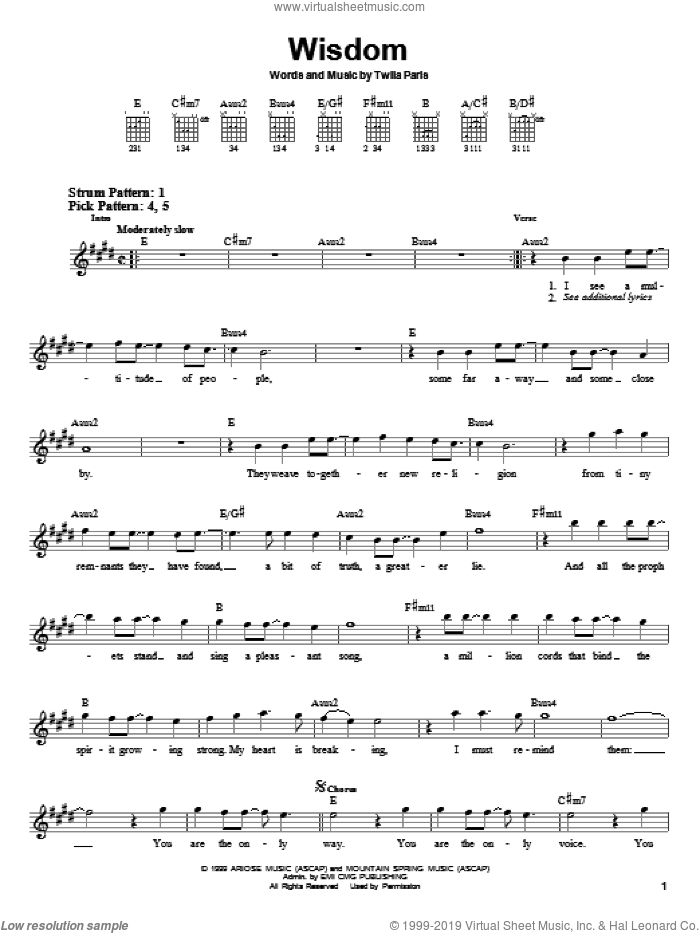 Wisdom sheet music for guitar solo (chords) by Twila Paris, easy guitar (chords)