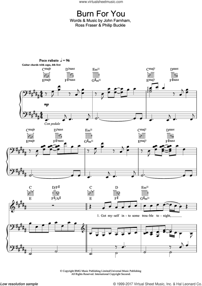 Burn For You sheet music for voice, piano or guitar by John Farnham, intermediate skill level