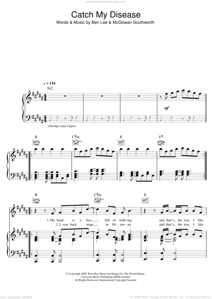 Catch My Disease sheet music for voice, piano or guitar by Ben Lee, intermediate skill level