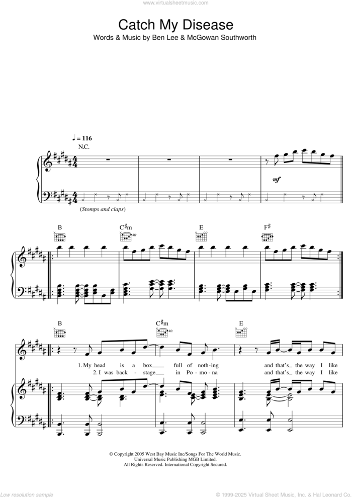 Catch My Disease sheet music for voice, piano or guitar by Ben Lee, intermediate skill level