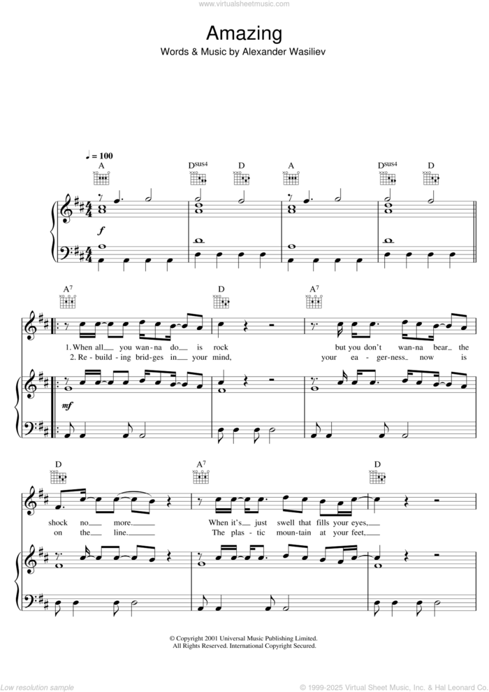 Amazing sheet music for voice, piano or guitar by Alex Lloyd, intermediate skill level