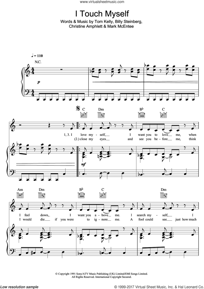 I Touch Myself sheet music for voice, piano or guitar by The Divinyls, intermediate skill level