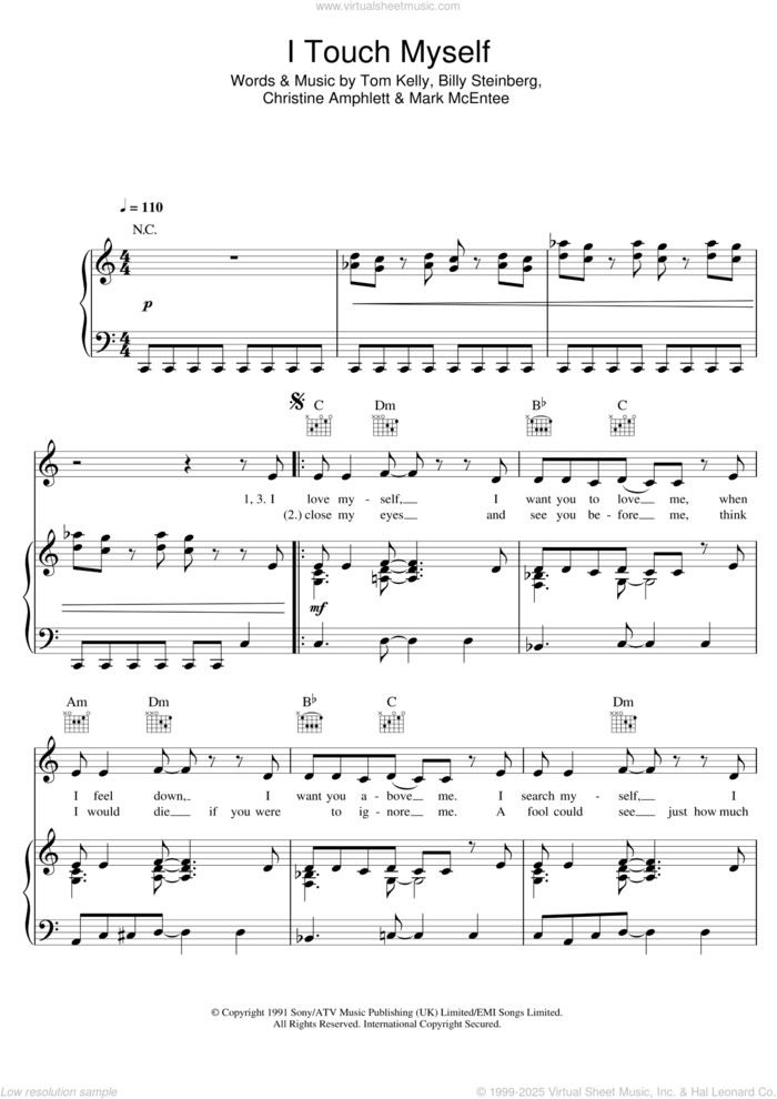 I Touch Myself sheet music for voice, piano or guitar by The Divinyls, intermediate skill level