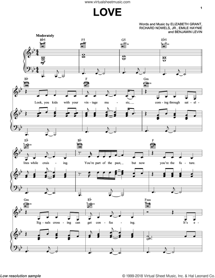 Love sheet music for voice, piano or guitar by Lana Del Rey, Benjamin Levin, Elizabeth Grant, Emile Haynie and Richard Nowels, Jr., intermediate skill level
