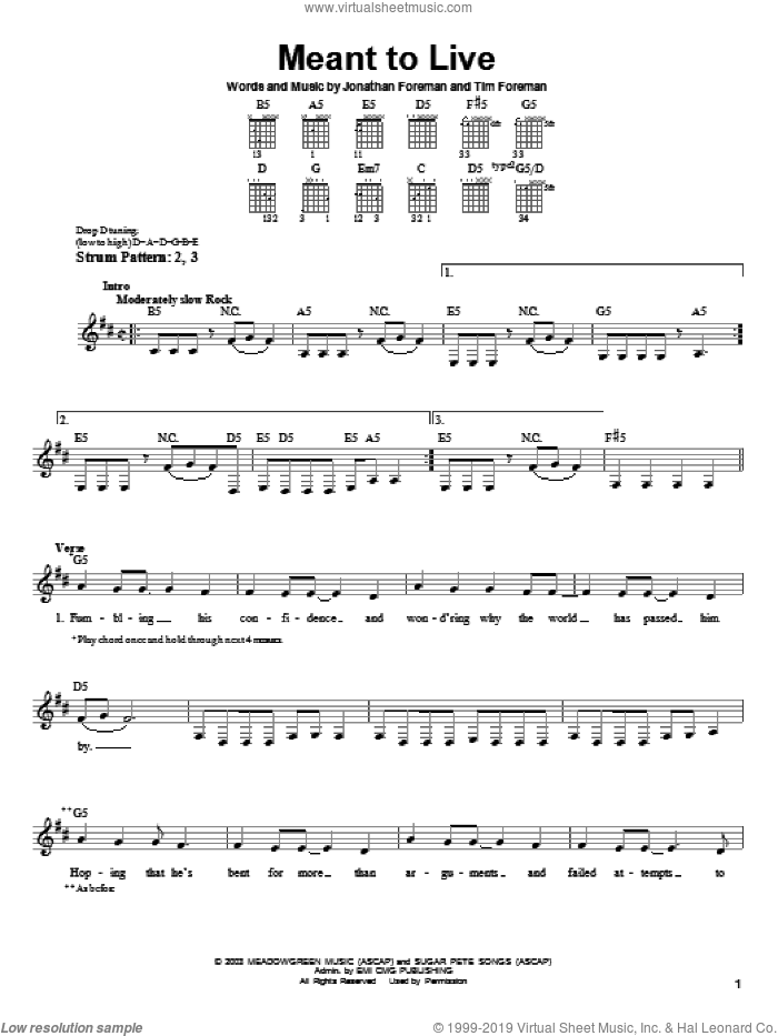 Meant To Live sheet music for guitar solo (chords) by Switchfoot, Jonathan Foreman and Tim Foreman, easy guitar (chords)