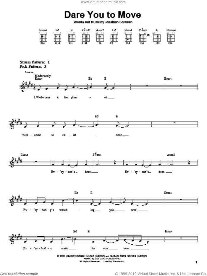 Dare You To Move sheet music for guitar solo (chords) by Switchfoot and Jonathan Foreman, easy guitar (chords)