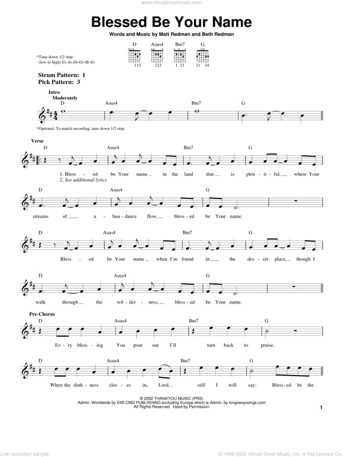 Blessed Be Your Name sheet music for guitar solo (chords) by Matt Redman and Beth Redman, easy guitar (chords)