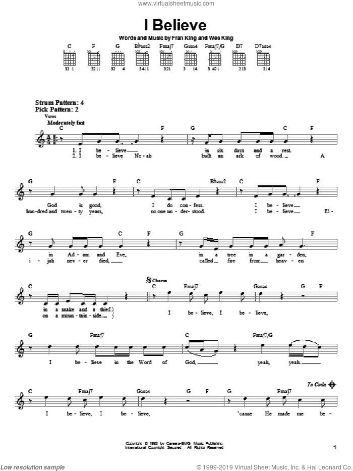 I Believe sheet music for guitar solo (chords) by Wes King and Fran King, easy guitar (chords)