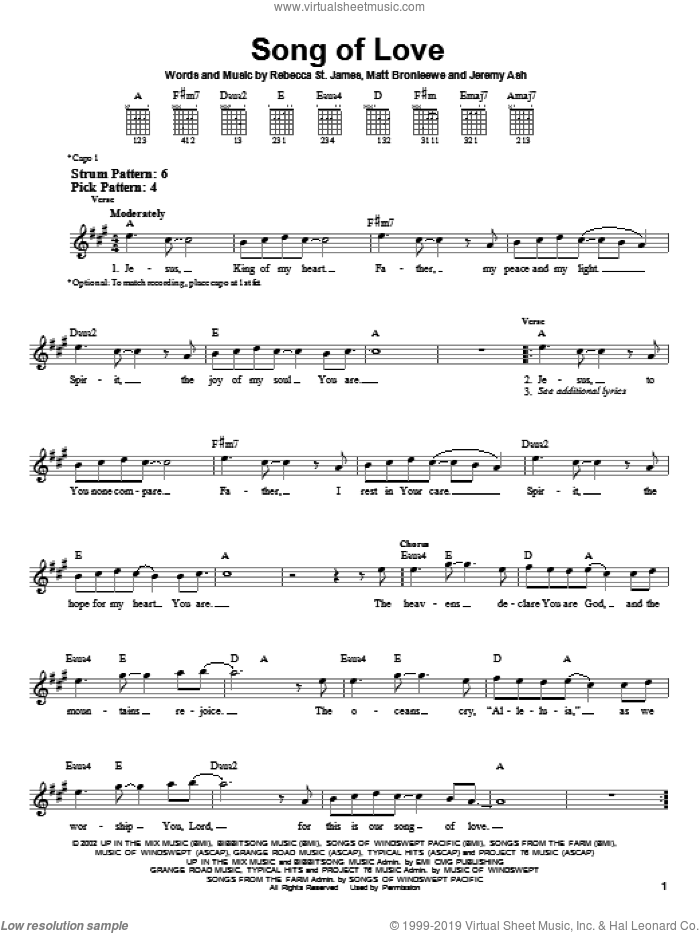 Song Of Love sheet music for guitar solo (chords) by Rebecca St. James, Jeremy Ash and Matt Bronleewe, easy guitar (chords)