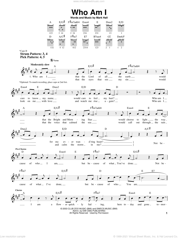 Who Am I sheet music for guitar solo (chords) by Casting Crowns and Mark Hall, easy guitar (chords)
