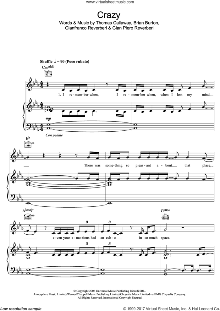 Crazy sheet music for voice, piano or guitar by Kate Noonan, intermediate skill level