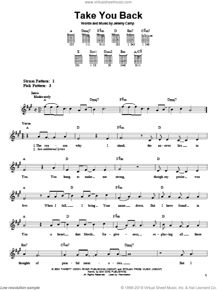 Take You Back sheet music for guitar solo (chords) by Jeremy Camp, easy guitar (chords)