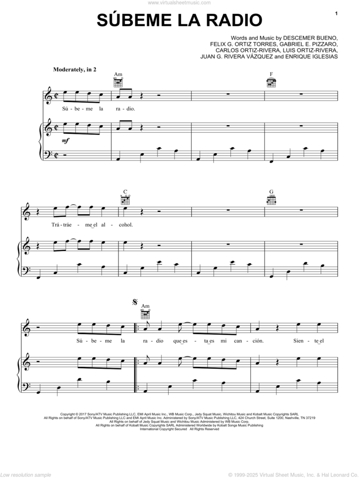 Subeme La Radio sheet music for voice, piano or guitar by Enrique Iglesias, Carlos Ortiz-Rivera, Descemer Bueno, Felix G. Ortiz Torres, Gabriel E. Pizzaro, Juan G. Rivera Vazquez and Luis Ortiz-Rivera, intermediate skill level