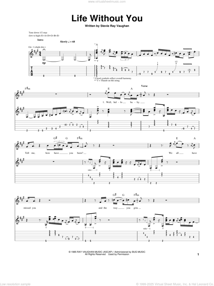 Life Without You sheet music for guitar (tablature) by Stevie Ray Vaughan, intermediate skill level