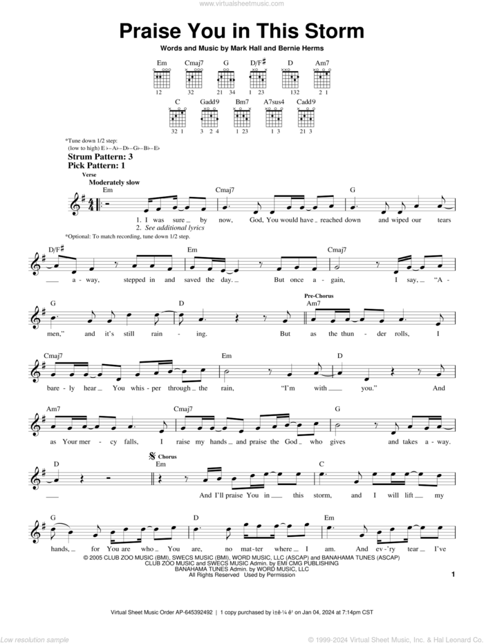 Praise You In This Storm sheet music for guitar solo (chords) by Casting Crowns, Bernie Herms and Mark Hall, easy guitar (chords)