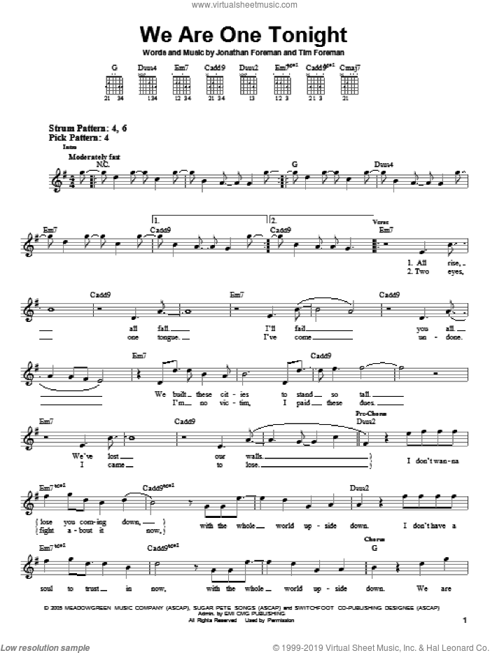 We Are One Tonight sheet music for guitar solo (chords) by Switchfoot, Jonathan Foreman and Tim Foreman, easy guitar (chords)