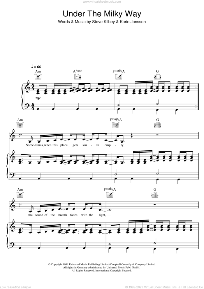 Under The Milky Way sheet music for voice, piano or guitar by The Church, intermediate skill level